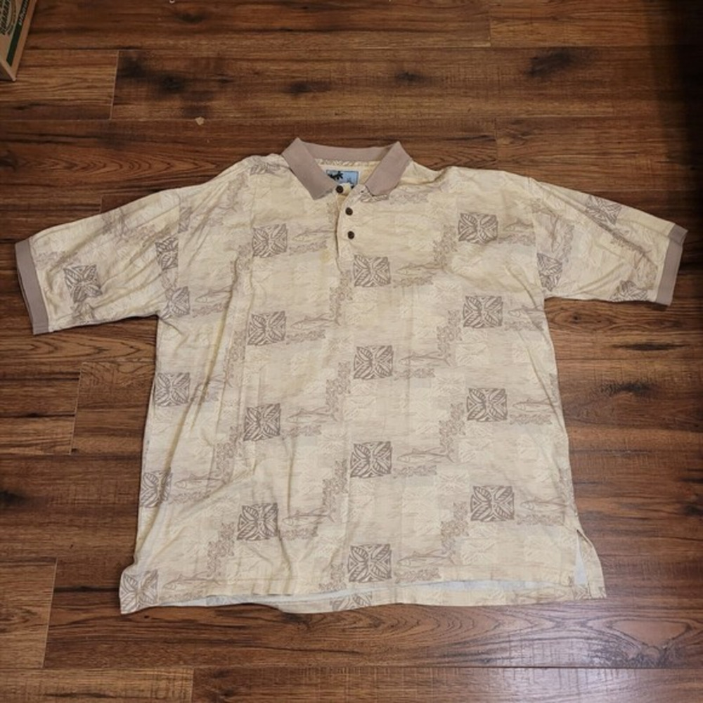 Aftco Blue Water Shirt Mens‎ 2X Large Beige Palms Fish  Hawaiian Made in USA